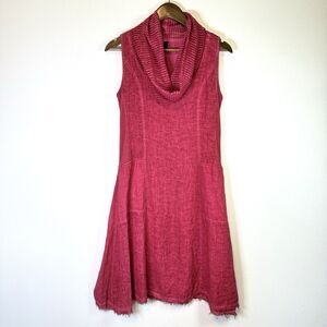 Inizio Italy Dress S Pink Linen Lagenlook Pockets Textured Cowl Neck Artsy Midi